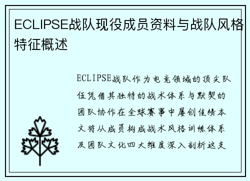 ECLIPSE战队现役成员资料与战队风格特征概述